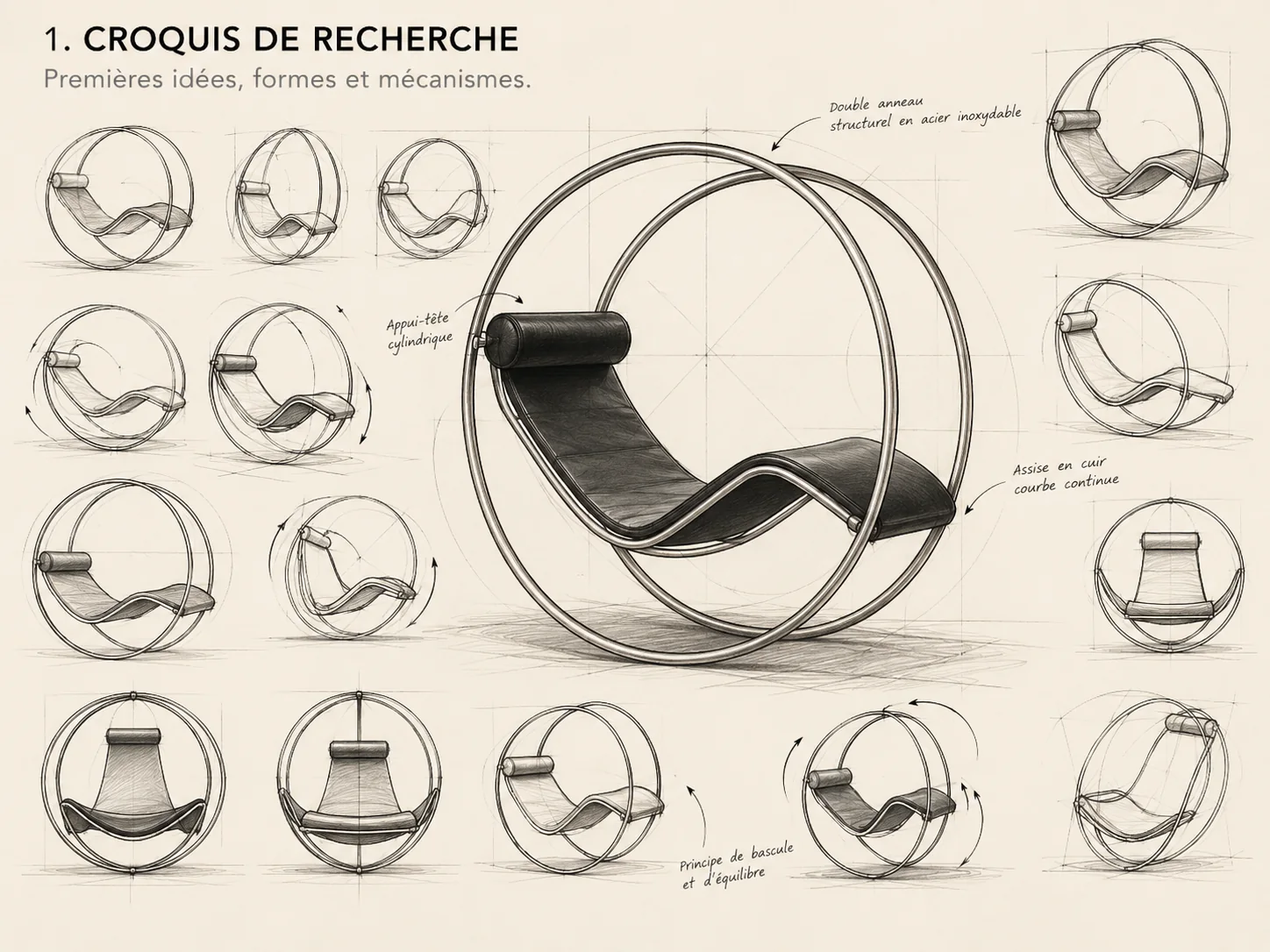 Planche 1, croquis de recherche : premières idées de chaise longue dans un double anneau, appui-tête cylindrique et assise en cuir courbe.