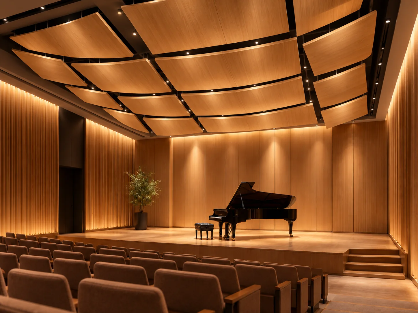 Salle de concert avec un piano à queue sur scène, sous un plafond de grands panneaux acoustiques en bois cintré, éclairage chaleureux le long des murs en lames de bois.
