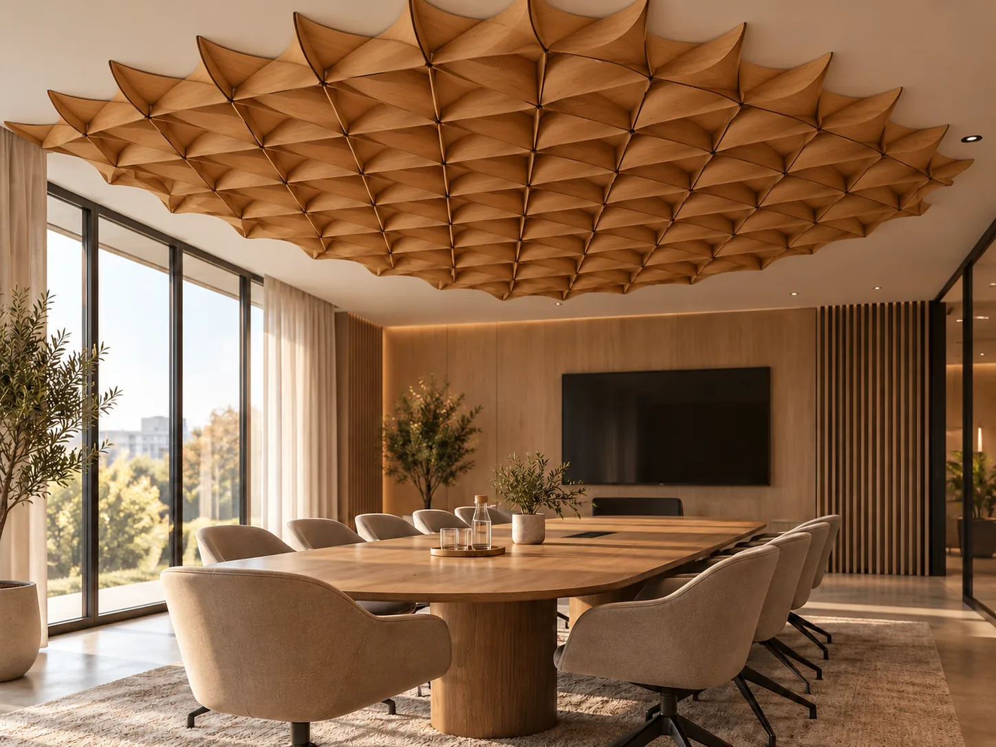 Salle de réunion lumineuse avec une grande table en bois et des fauteuils beiges, sous un plafond couvert de modules Calyss en bois.