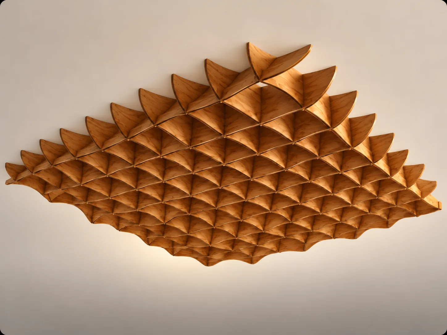 Module Calyss en bois cintré fixé au plafond, vu de dessous : un réseau de facettes concaves qui forme un relief en losange.
