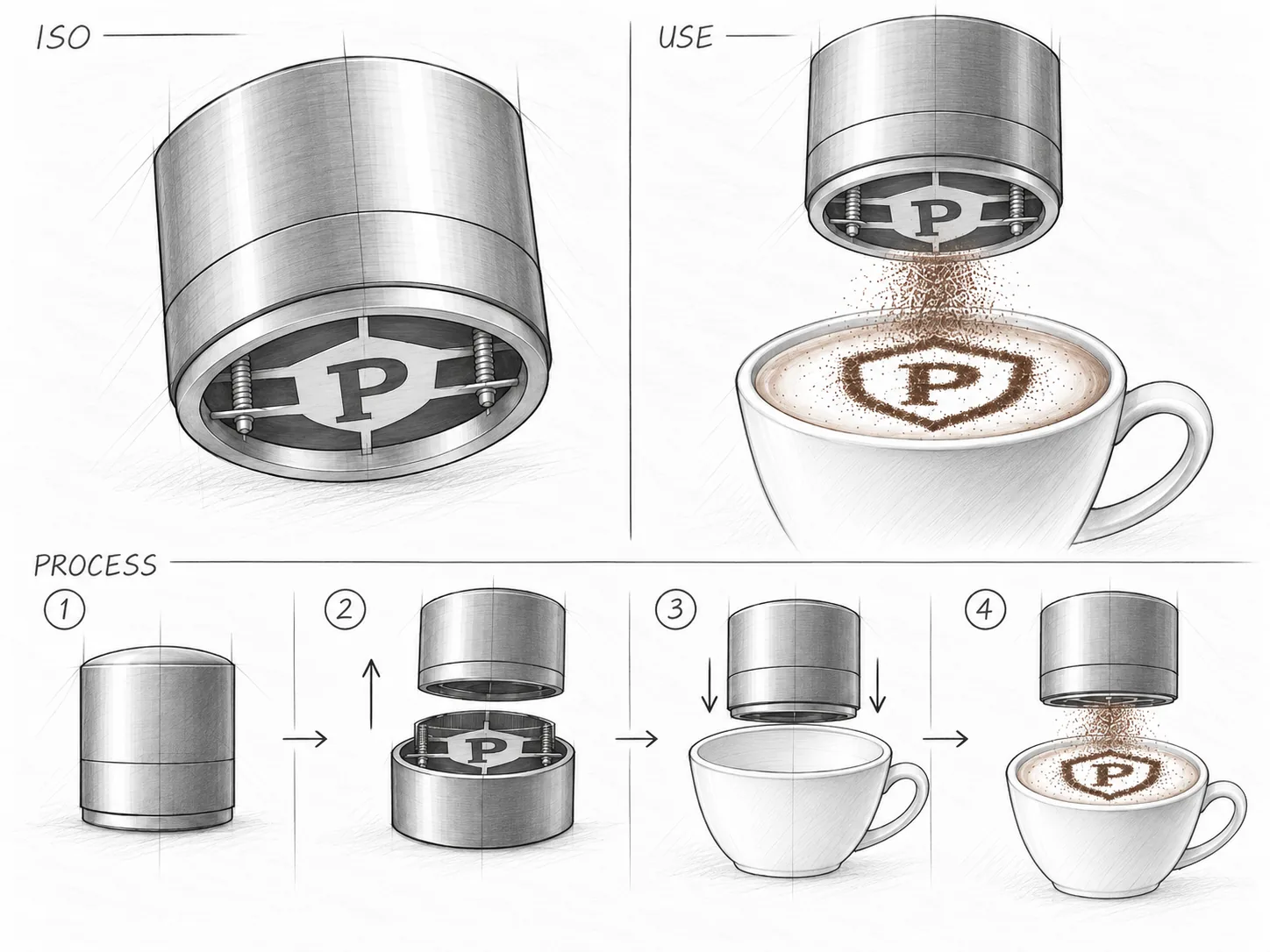 Croquis du Chocographe : vue isométrique, mise en situation au-dessus d'une tasse, et processus en quatre étapes, ouvrir, insérer le pochoir, placer sur la tasse, saupoudrer.