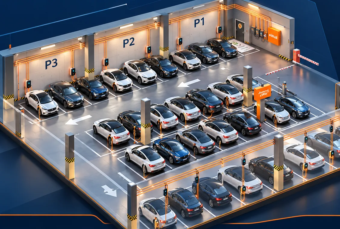 Vue isométrique d'un parking souterrain équipé de bornes de recharge abacus eWall.