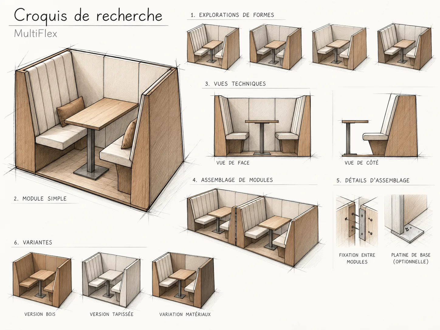Croquis de recherche MultiFlex : explorations de formes, module simple, vues techniques, assemblage de modules, détails de fixation et variantes de matériaux.