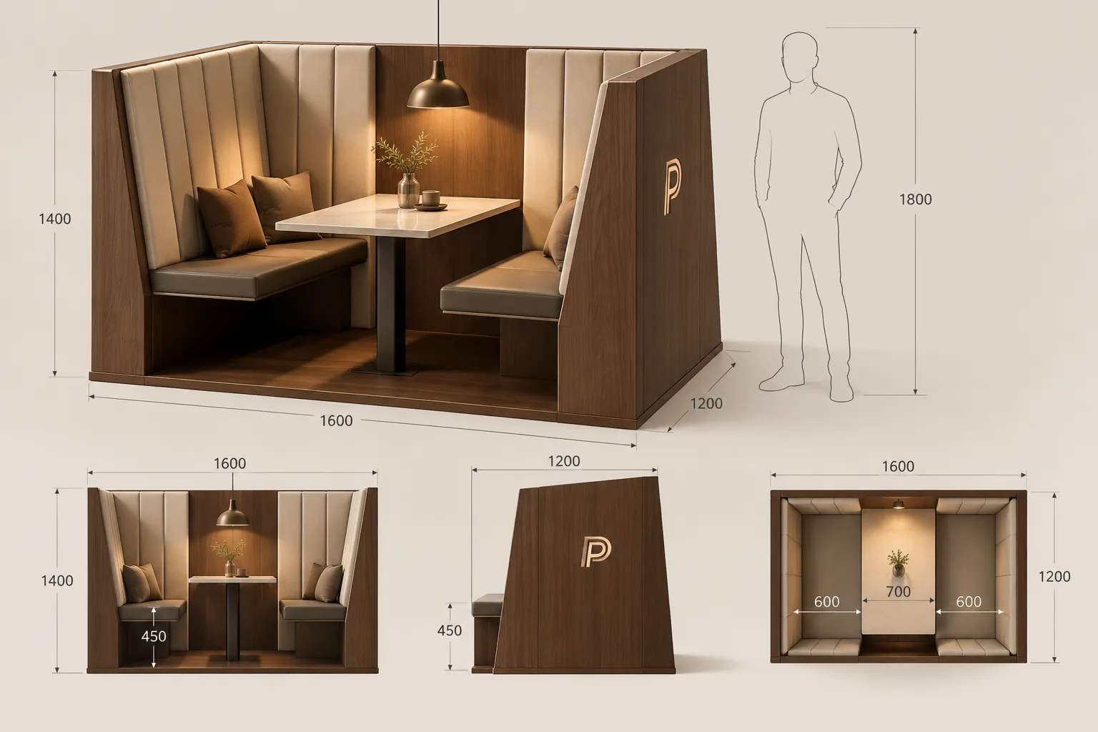 Planche cotée MultiFlex : module de 1600 × 1200 mm au sol pour 1400 mm de haut, assise à 450 mm, deux banquettes de 600 mm autour d'une table de 700 mm, silhouette de 1800 mm pour l'échelle.