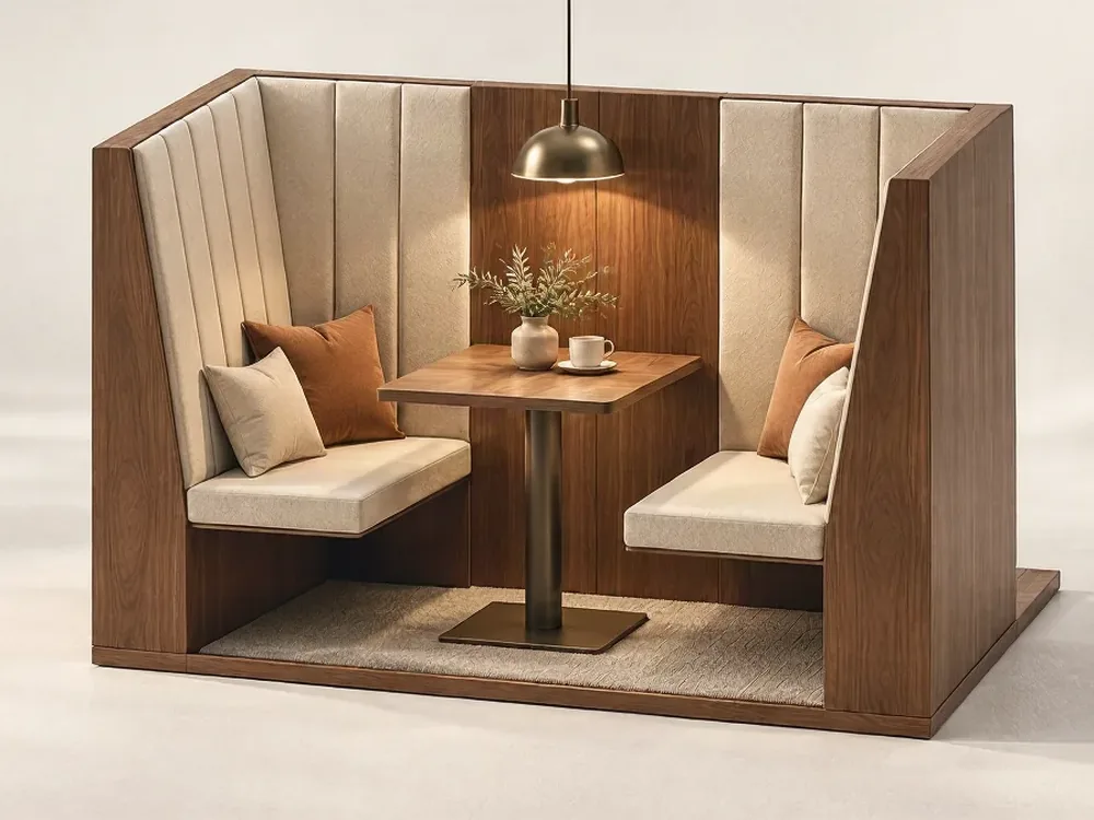 Module MultiFlex : deux banquettes tapissées face à face dans une structure en noyer