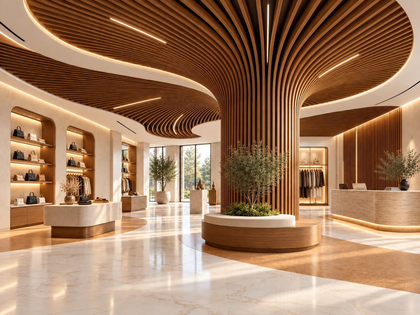 Boutique dont le plafond en lames de bois cintrées s'enroule et descend en une colonne centrale, comme le tronc d'un arbre, avec un olivier planté dans une banquette circulaire à sa base.