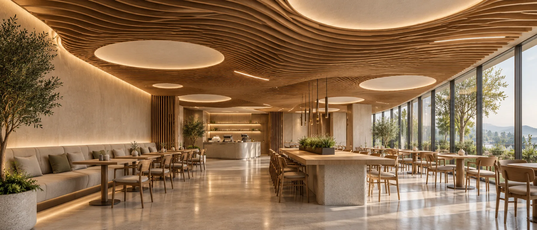 Grande salle de restaurant baignée de lumière, sous un plafond ondulé en lames de bois percé de disques lumineux, baie vitrée sur des arbres.