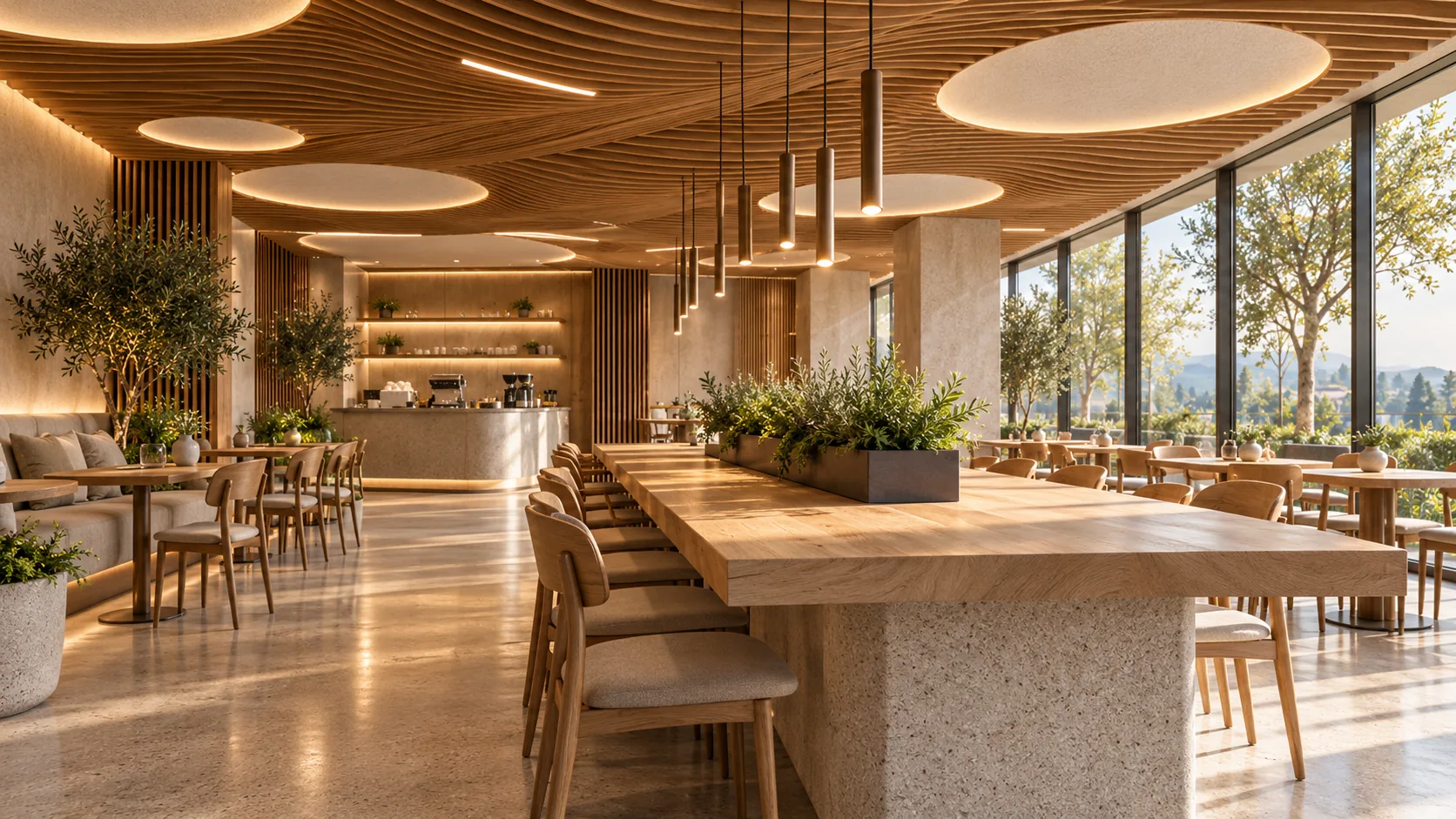 Longue table d'hôtes en bois et pierre sous le plafond ondulé en bois, suspensions cylindriques et comptoir de café en arrière-plan.