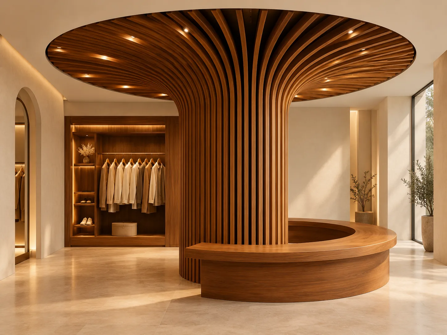 Colonne en lames de bois s'évasant en plafond, avec une banquette circulaire en bois à sa base.