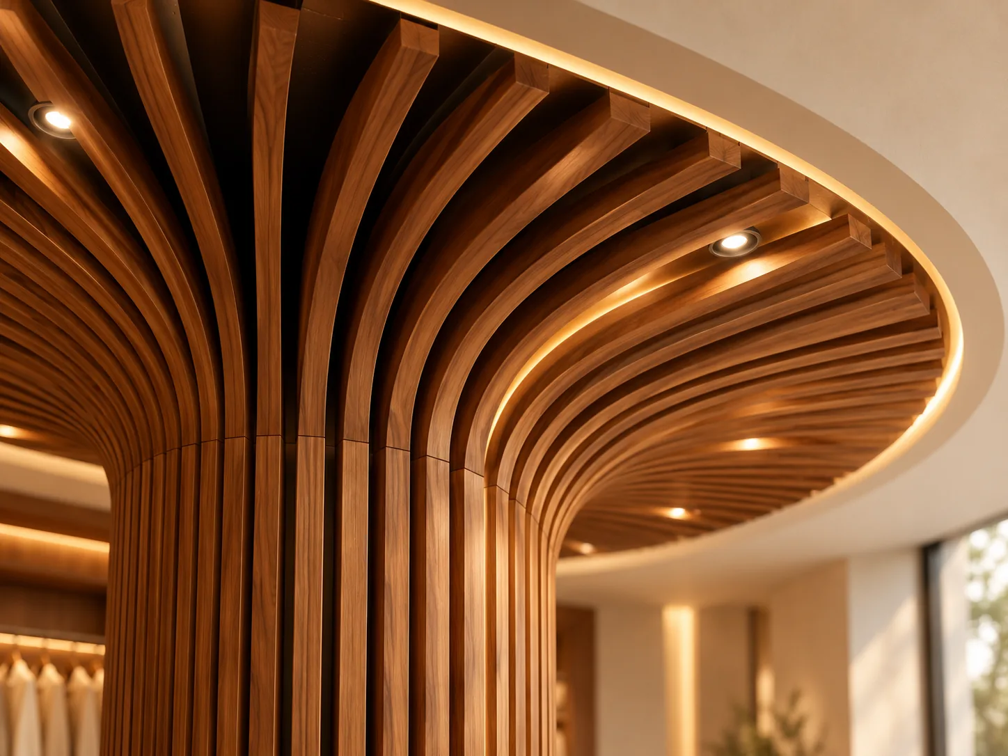 Détail des lames de bois cintrées et des spots intégrés au plafond.