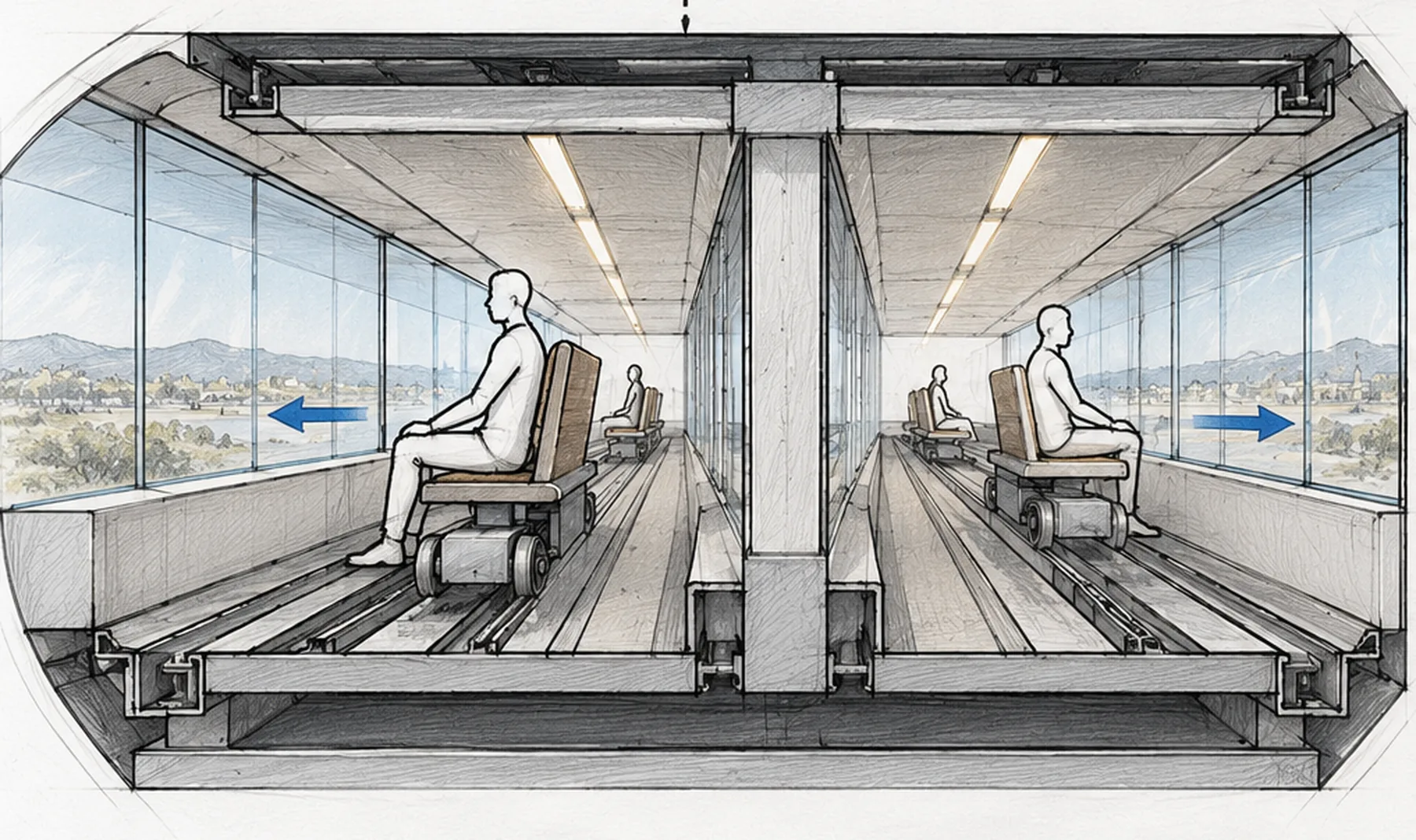 Croquis en coupe de l'intérieur de la galerie : deux voies guidées séparées par une cloison centrale, chacune parcourue dans un sens par des modules-sièges sur rails, avec de grandes baies vitrées ouvertes sur le paysage.
