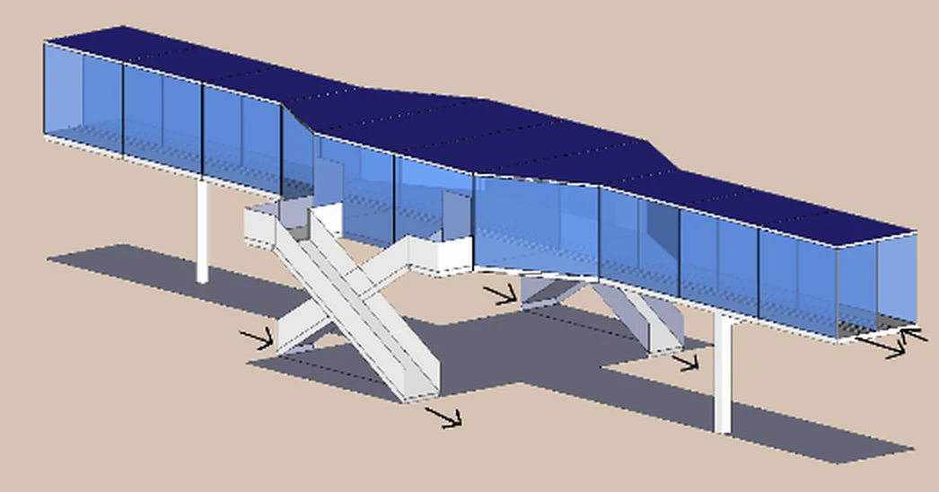 Maquette numérique d'étude : une galerie vitrée surélevée à toiture segmentée, posée sur des poteaux, avec un élément d'accès en X ; des flèches indiquent les circulations.
