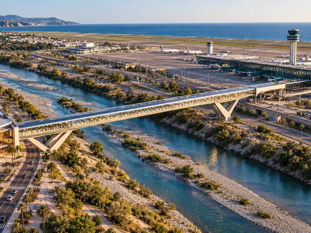 SITWAY : galerie vitrée surélevée franchissant le Var vers l'aéroport Nice Côte d'Azur