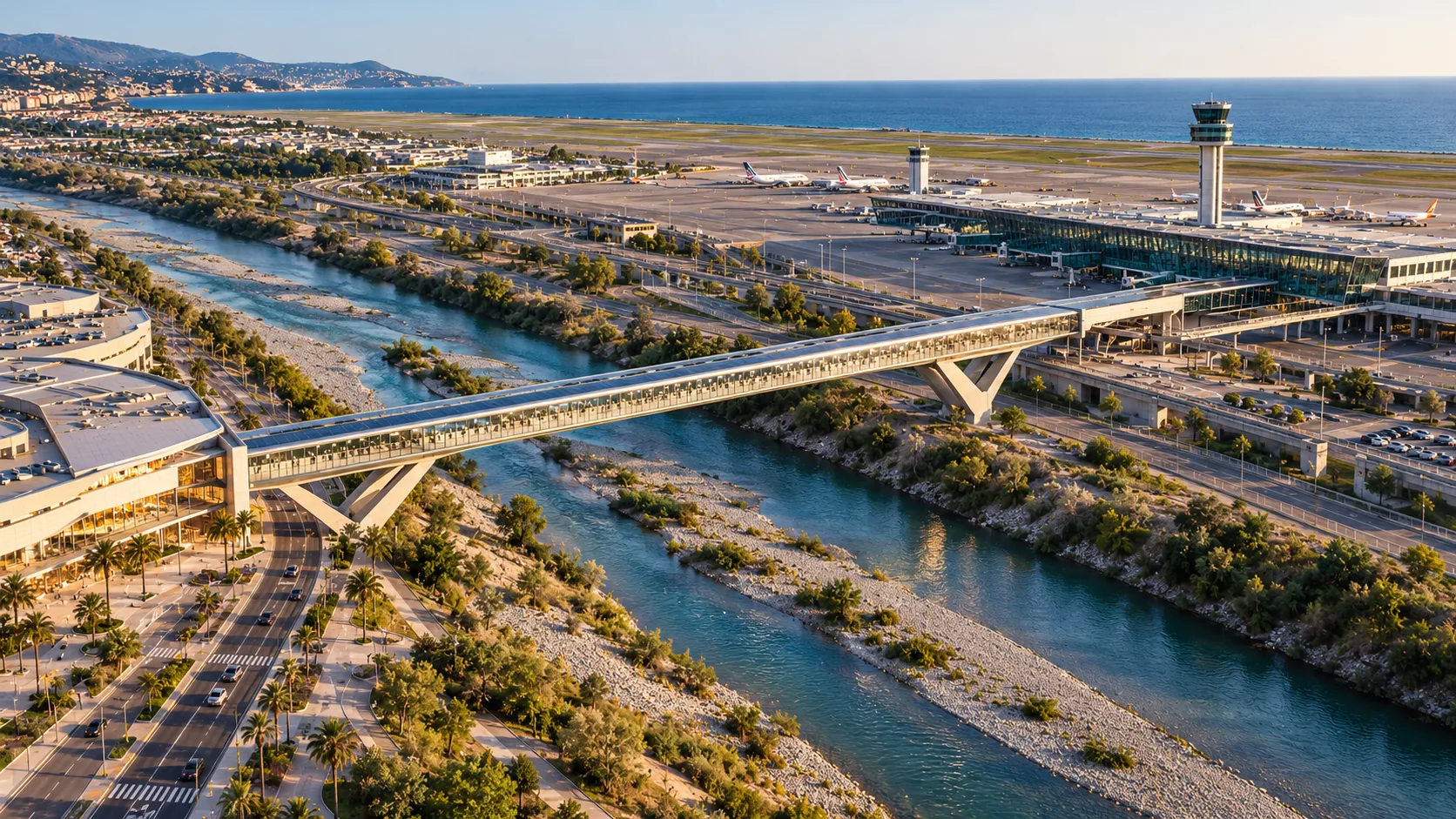 Vue aérienne conceptuelle au coucher du soleil : une galerie vitrée surélevée franchit le Var en diagonale, depuis le secteur CAP3000 au premier plan jusqu'aux parkings et au Terminal 2 de l'aéroport Nice Côte d'Azur, la mer en arrière-plan.